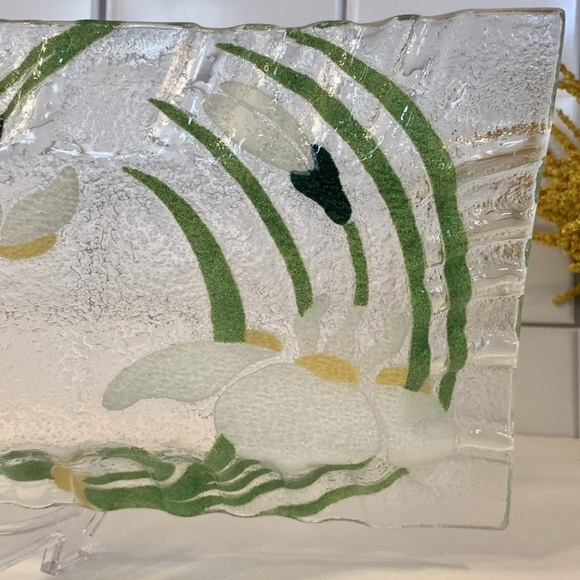 Vintage Sydenstricker Fused Glass Tray White Irises Ruffle Rim Large 16x7.5” - Picture 8 of 10